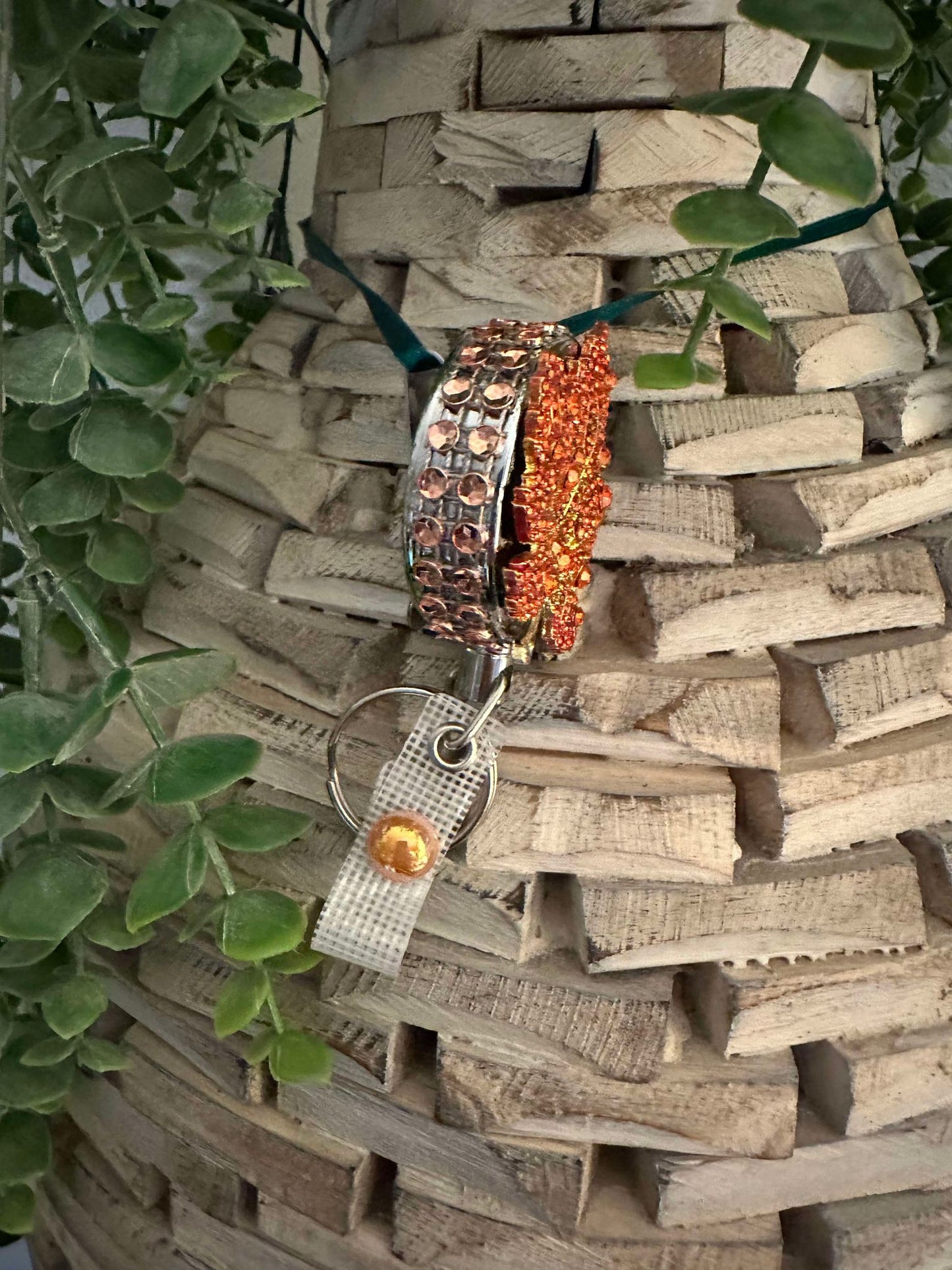 Orange Rhinestone Fall Leaf heavy duty badge reel and keychain