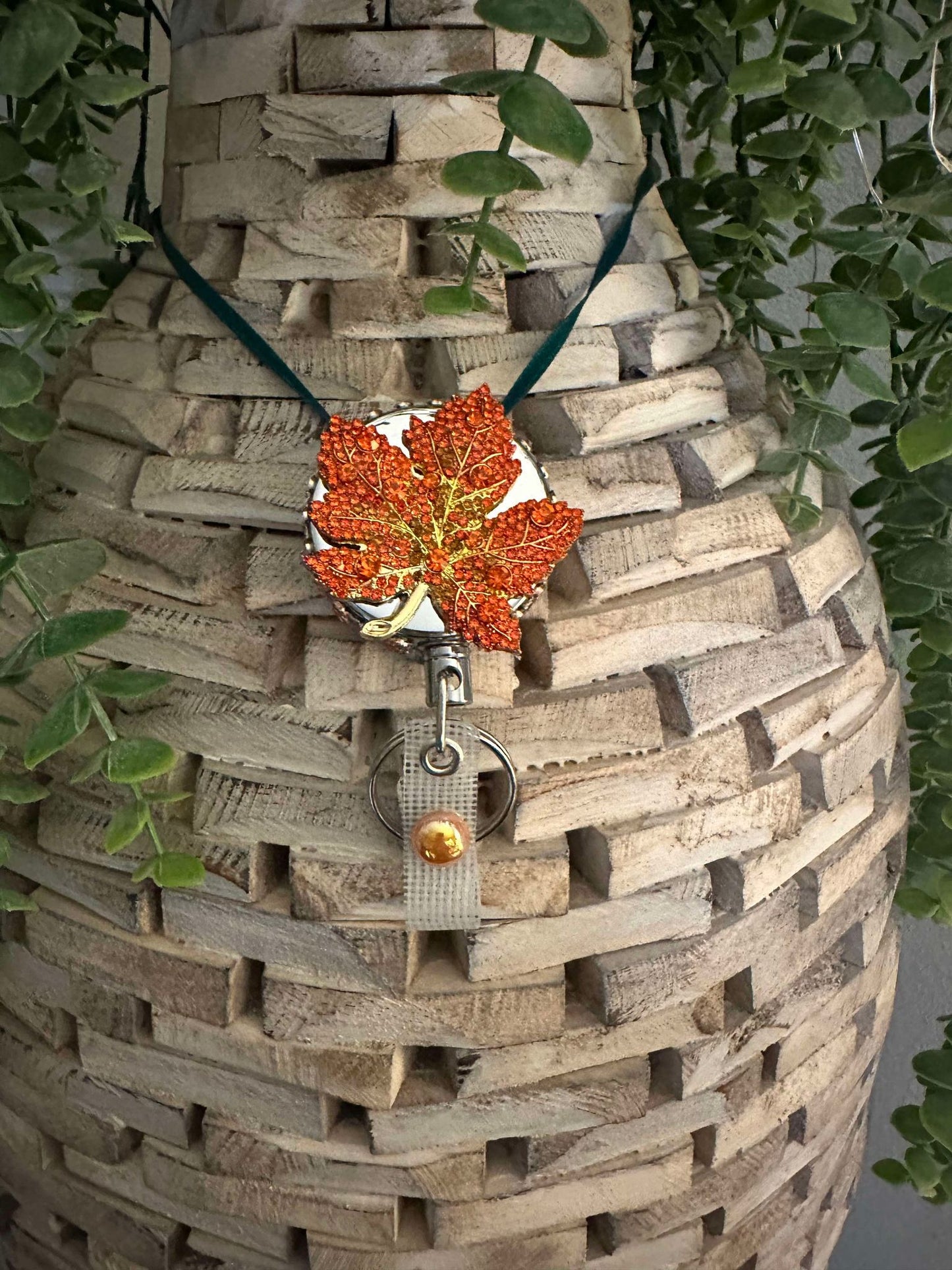 Orange Rhinestone Fall Leaf heavy duty badge reel and keychain
