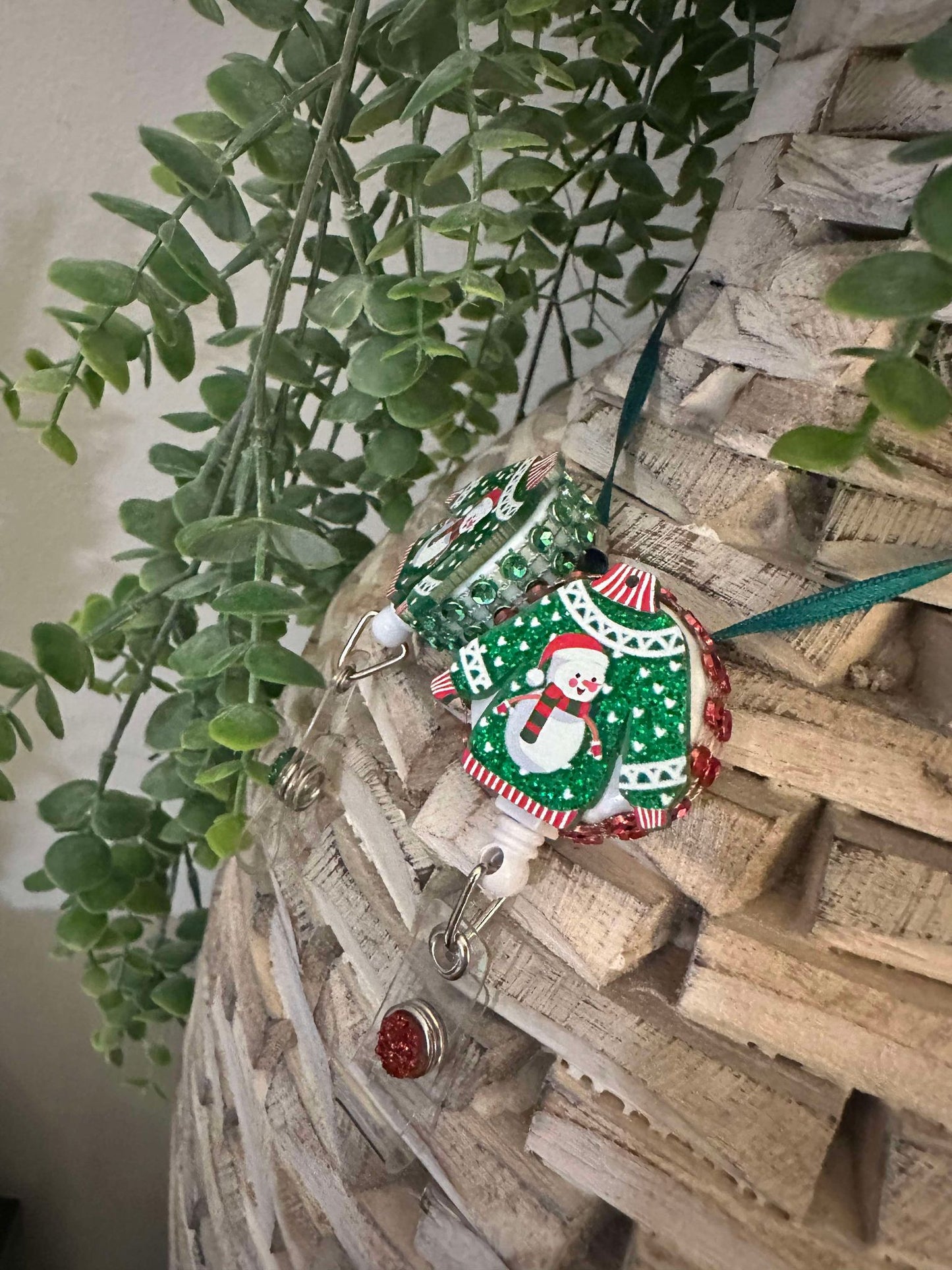 Holiday Ugly Sweater Snowman retractable badge reel with red bling on side