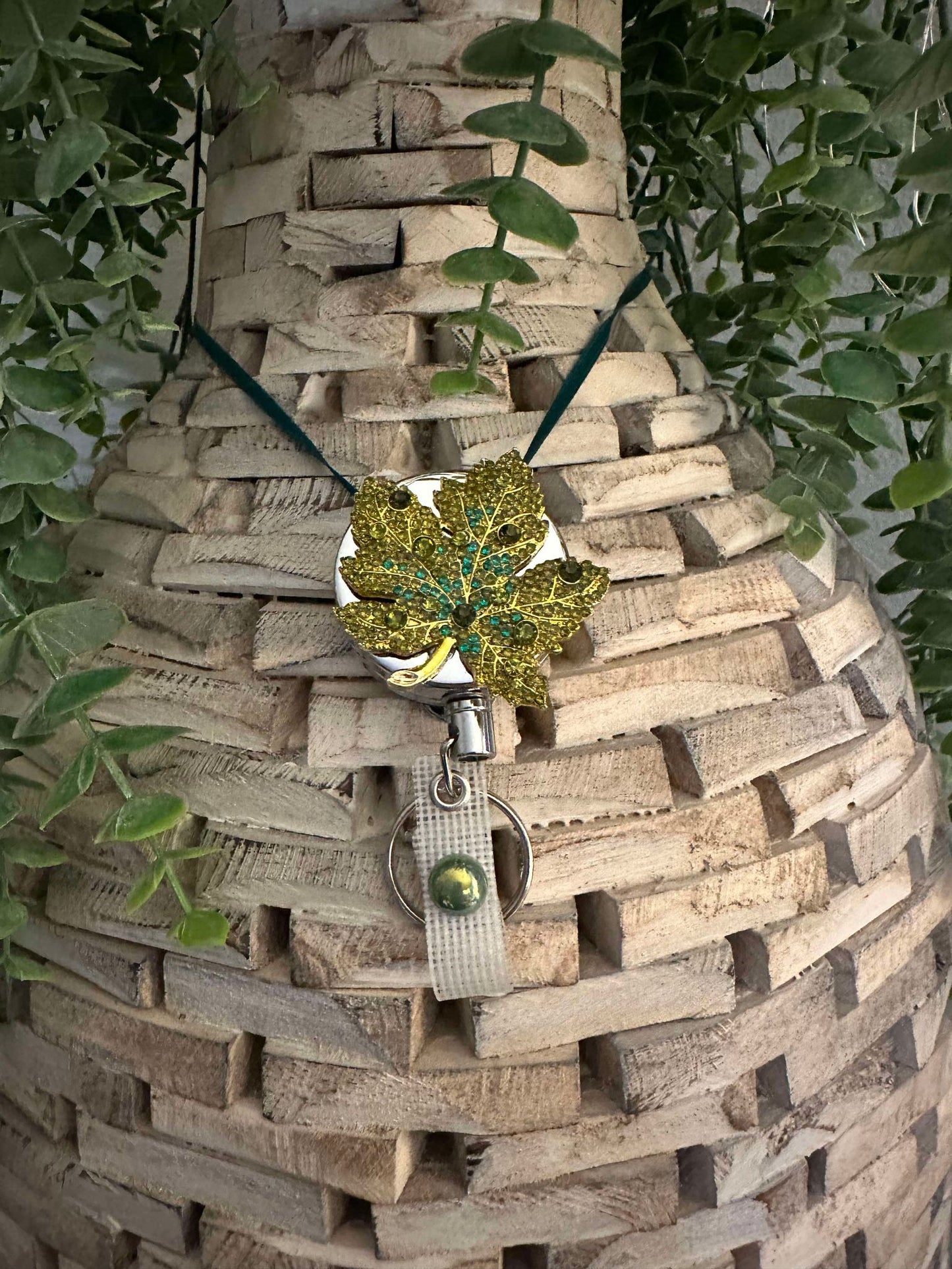 Green Rhinestone Fall Leaf heavy duty badge reel and keychain