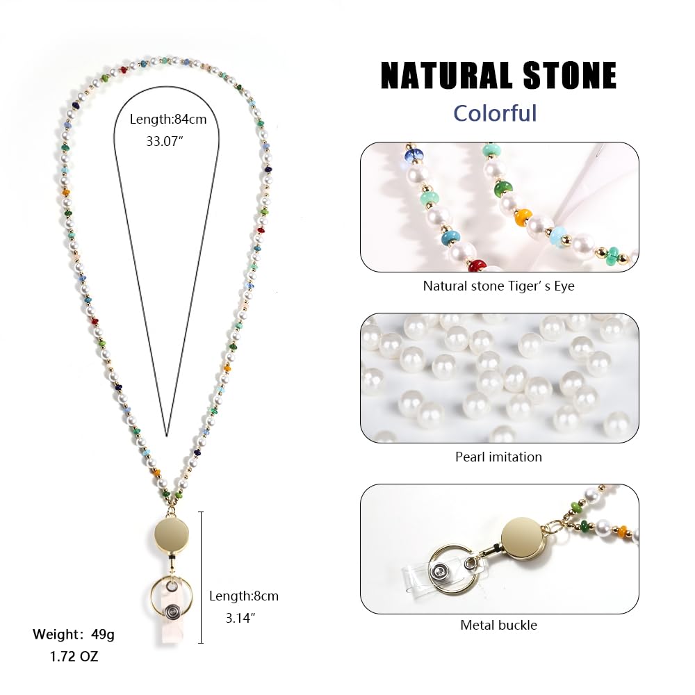 Retractable Pearl ID Badges and Key Lanyards, Natural Crystal Handmade Beaded Teacher Women's Lanyards