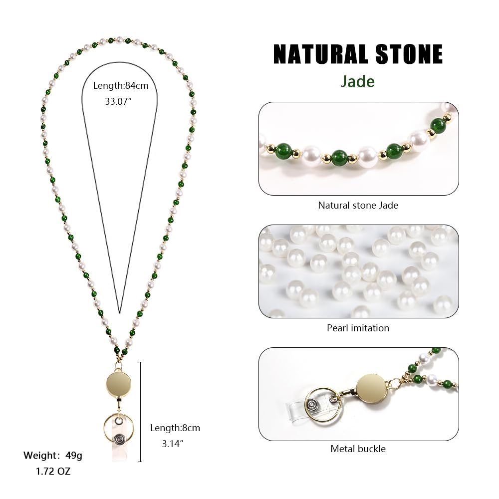 Retractable Pearl ID Badges and Key Lanyards, Natural Crystal Handmade Beaded Teacher Women's Lanyards