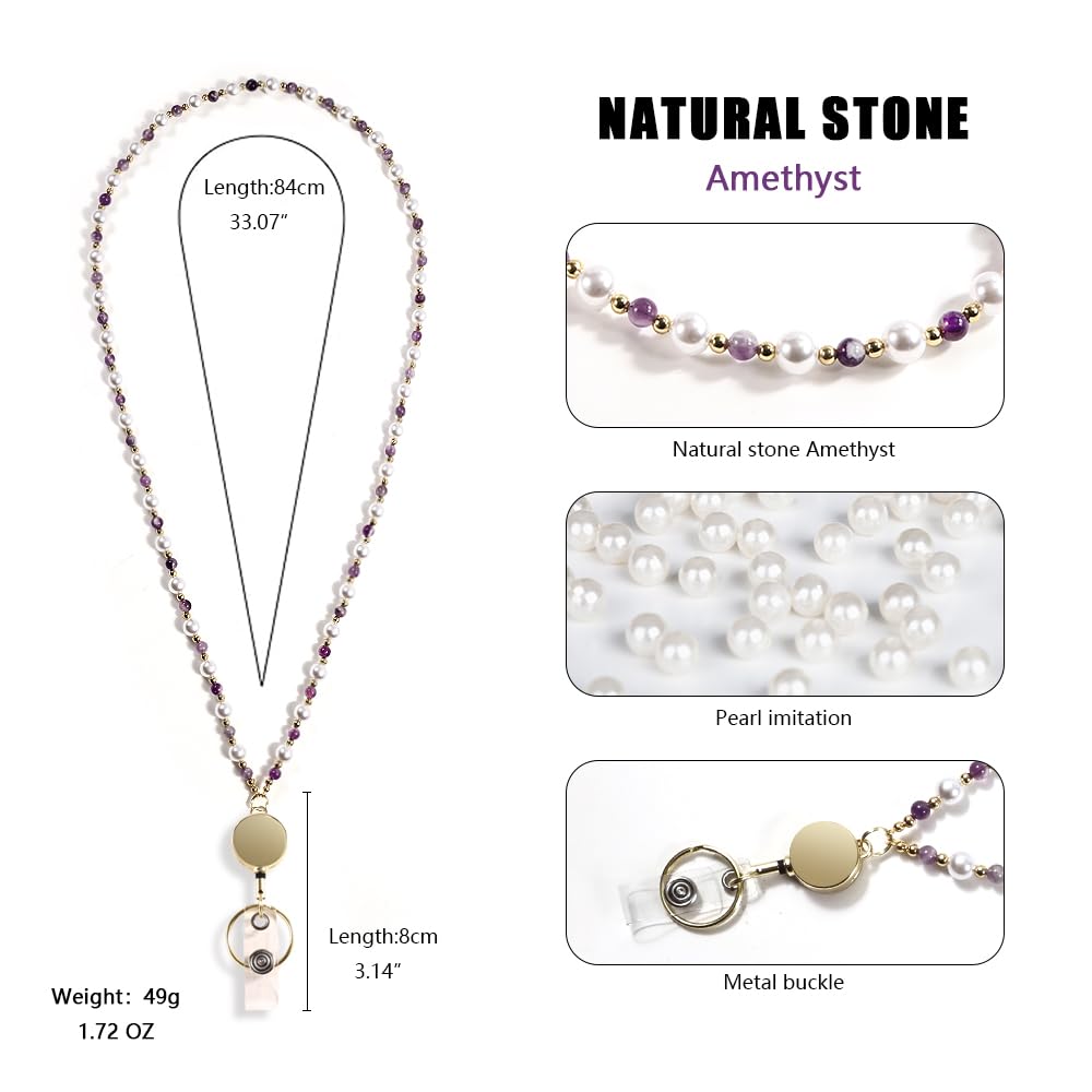 Retractable Pearl ID Badges and Key Lanyards, Natural Crystal Handmade Beaded Teacher Women's Lanyards