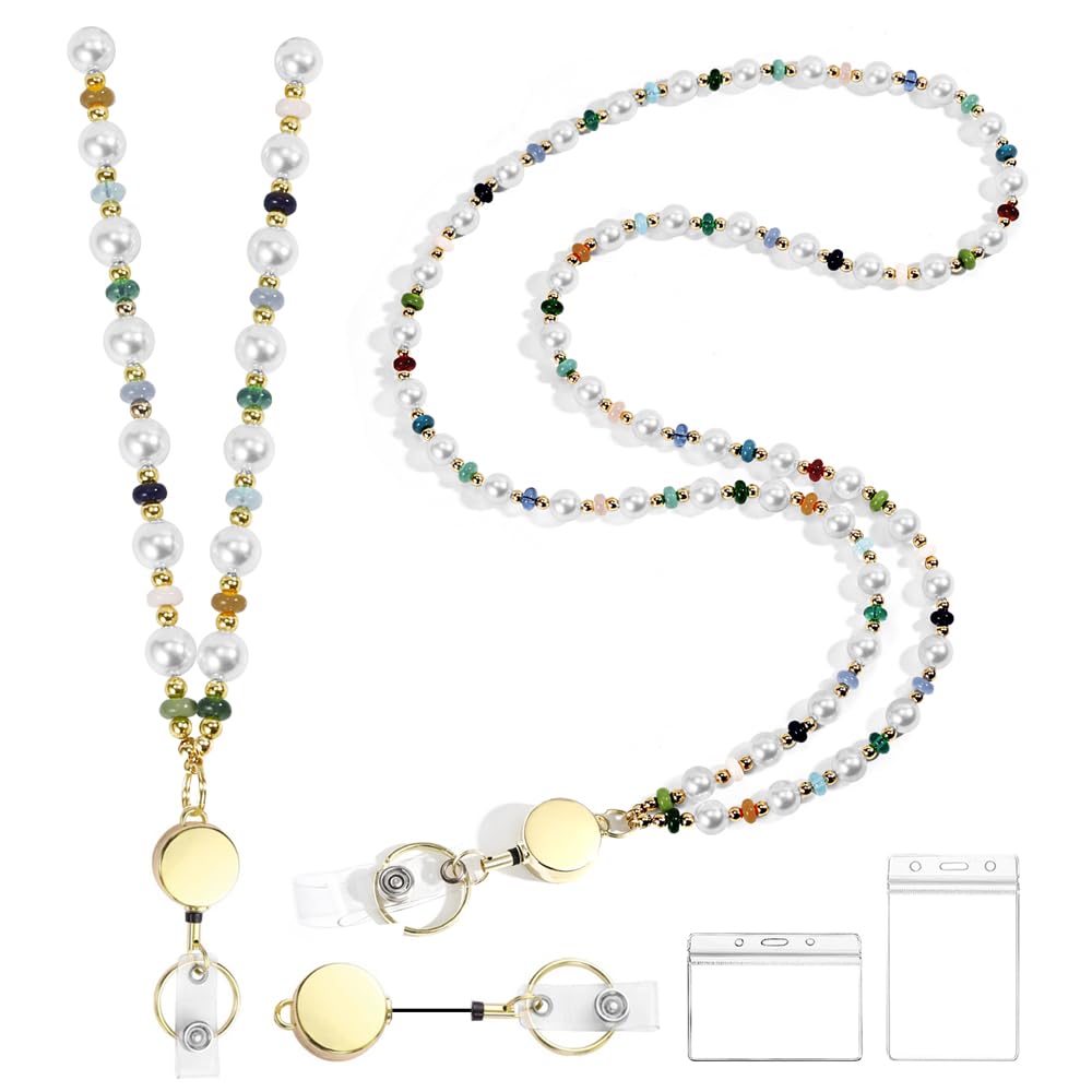 Retractable Pearl ID Badges and Key Lanyards, Natural Crystal Handmade Beaded Teacher Women's Lanyards