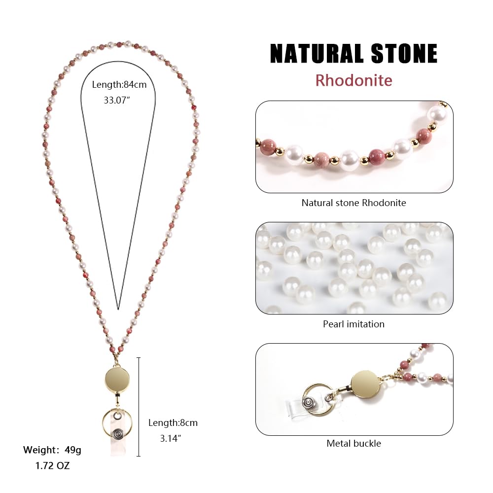 Retractable Pearl ID Badges and Key Lanyards, Natural Crystal Handmade Beaded Teacher Women's Lanyards