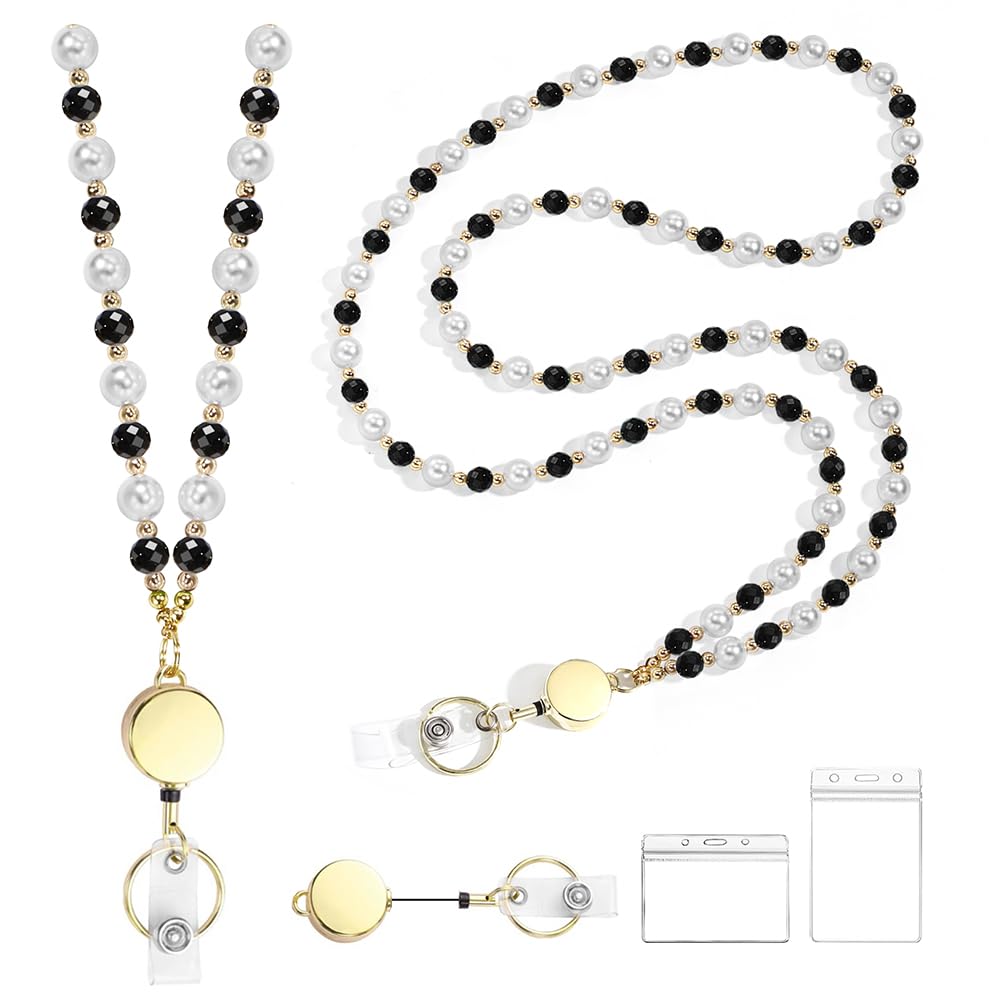 Retractable Pearl ID Badges and Key Lanyards, Natural Crystal Handmade Beaded Teacher Women's Lanyards