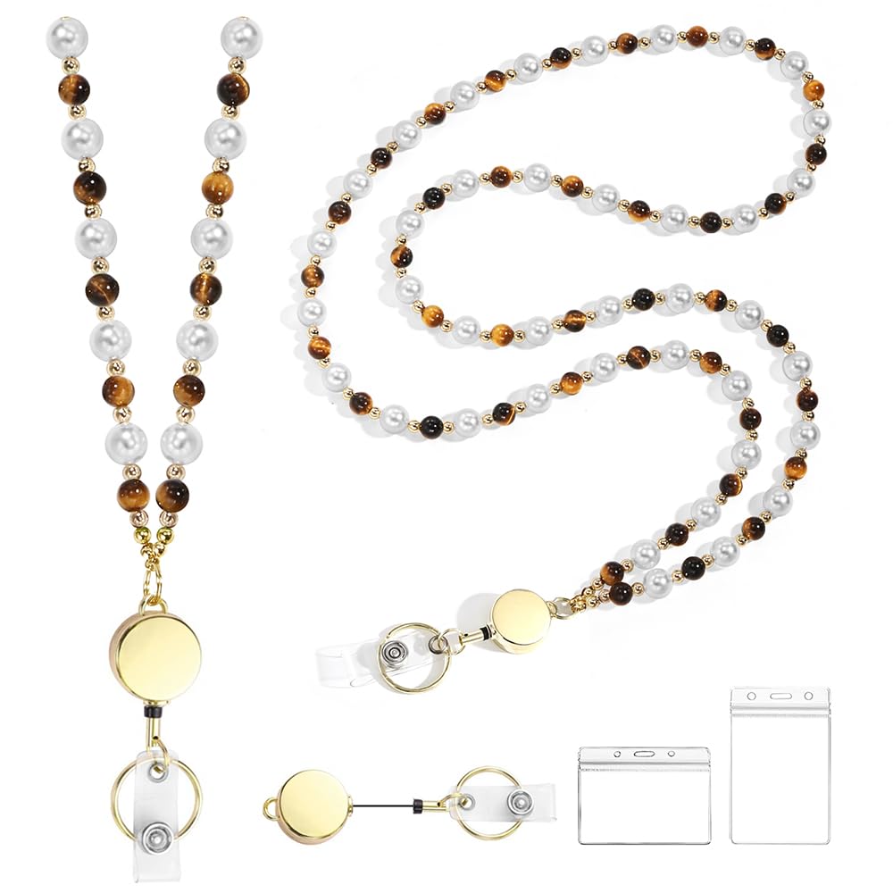 Retractable Pearl ID Badges and Key Lanyards, Natural Crystal Handmade Beaded Teacher Women's Lanyards