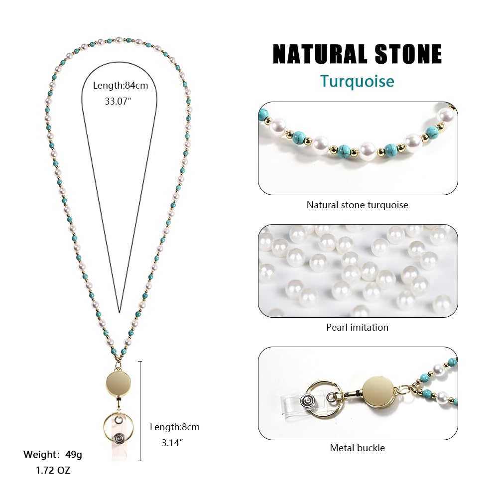 Retractable Pearl ID Badges and Key Lanyards, Natural Crystal Handmade Beaded Teacher Women's Lanyards