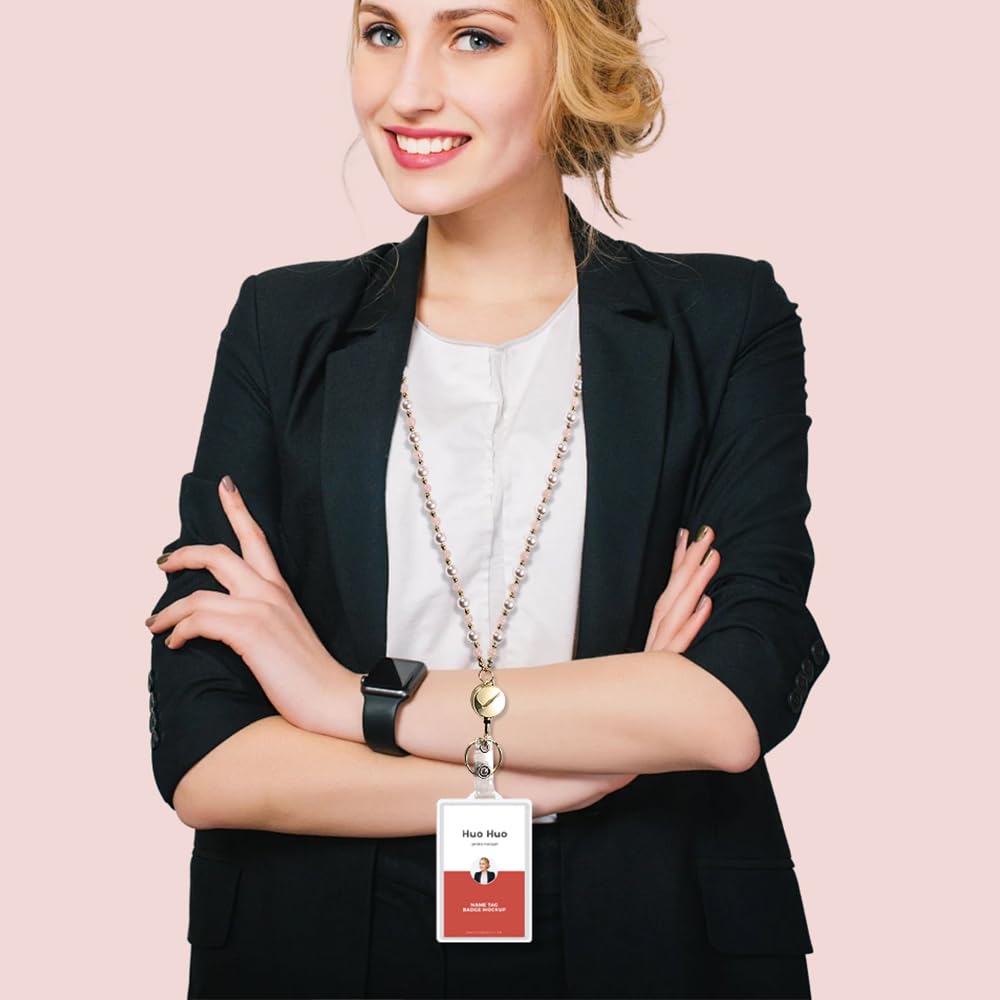 Retractable Pearl ID Badges and Key Lanyards, Natural Crystal Handmade Beaded Teacher Women's Lanyards