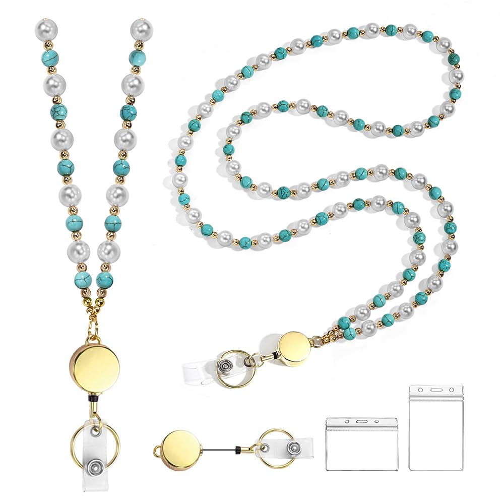 Retractable Pearl ID Badges and Key Lanyards, Natural Crystal Handmade Beaded Teacher Women's Lanyards