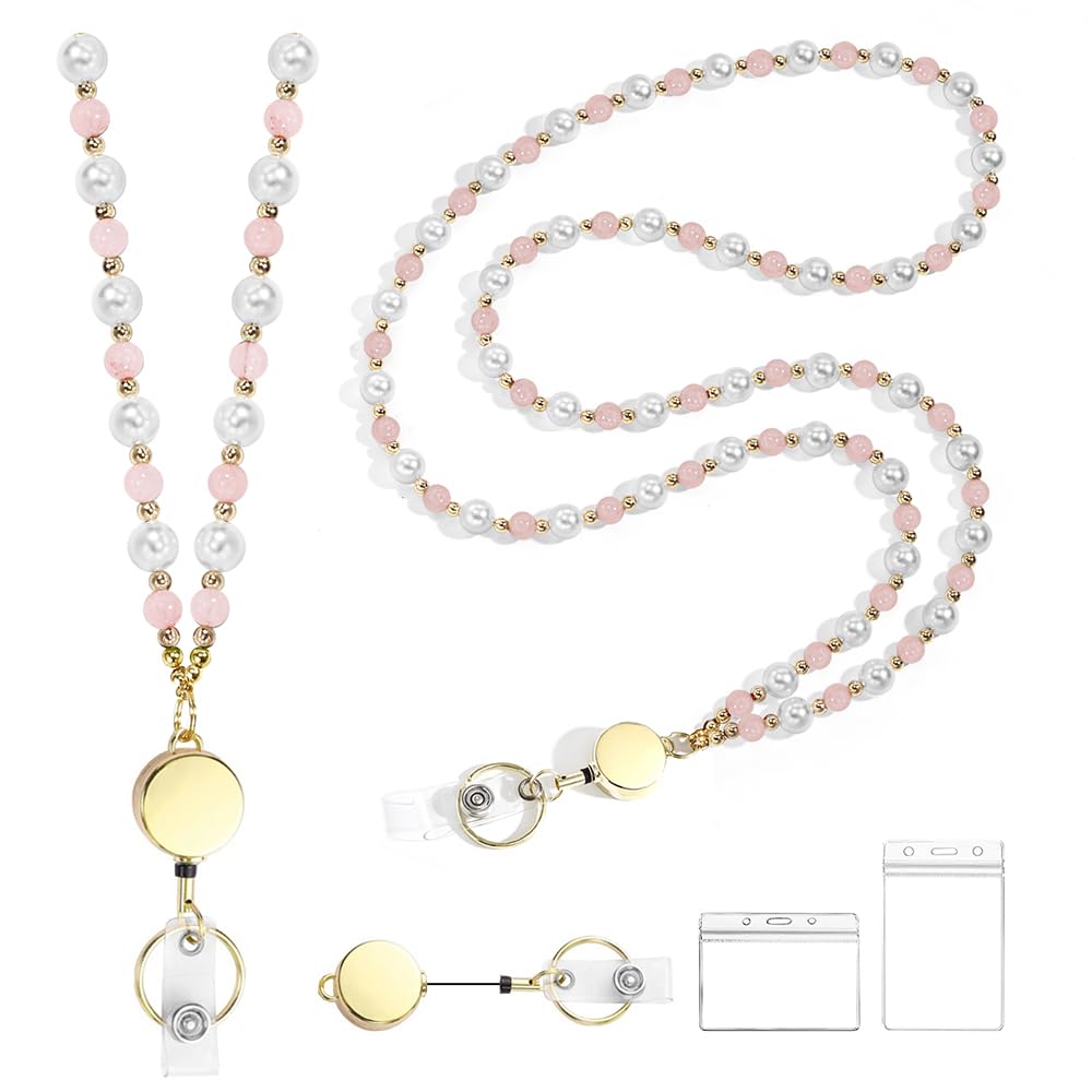 Retractable Pearl ID Badges and Key Lanyards, Natural Crystal Handmade Beaded Teacher Women's Lanyards