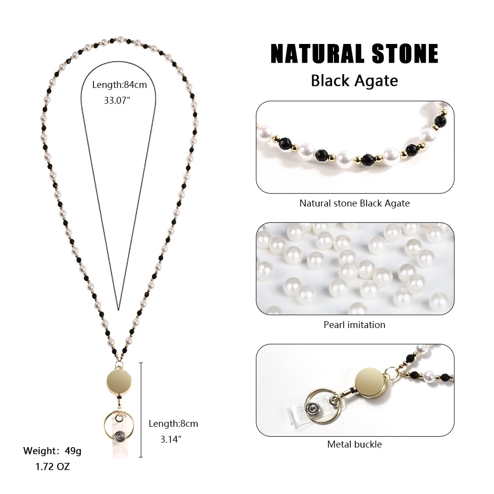 Retractable Pearl ID Badges and Key Lanyards, Natural Crystal Handmade Beaded Teacher Women's Lanyards