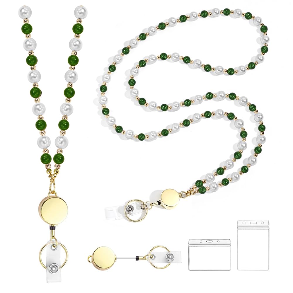 Retractable Pearl ID Badges and Key Lanyards, Natural Crystal Handmade Beaded Teacher Women's Lanyards