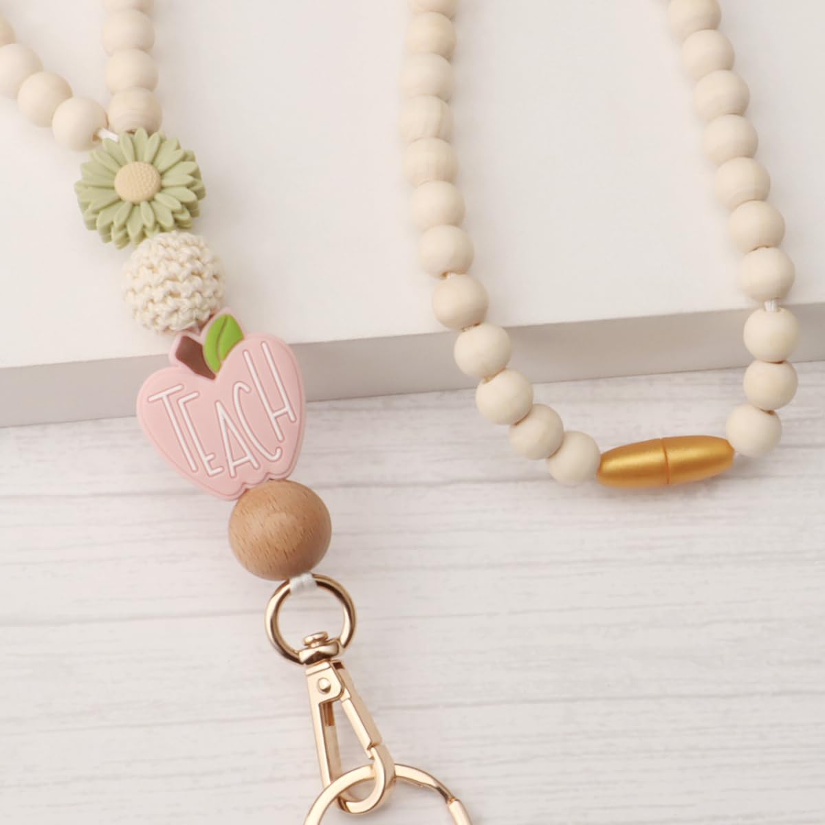 Teacher Lanyard with ID Holder, Fashion Wood Beaded Lanyard for Keys, Super Cute Boho Breakaway Lanyard for Women