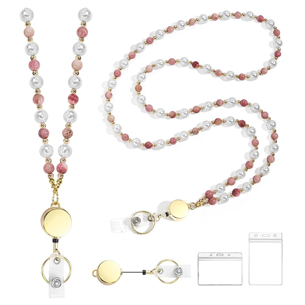 Retractable Pearl ID Badges and Key Lanyards, Natural Crystal Handmade Beaded Teacher Women's Lanyards