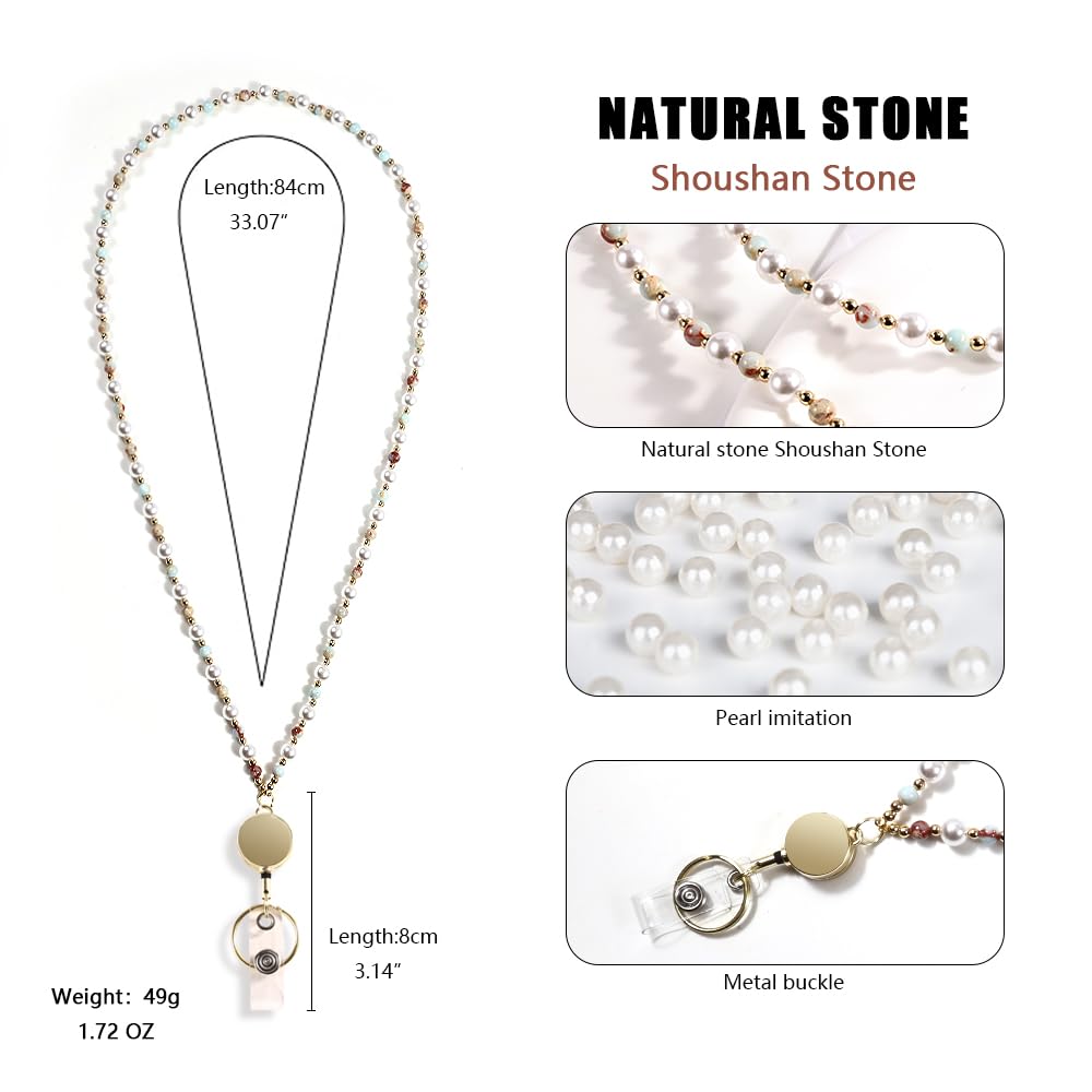 Retractable Pearl ID Badges and Key Lanyards, Natural Crystal Handmade Beaded Teacher Women's Lanyards