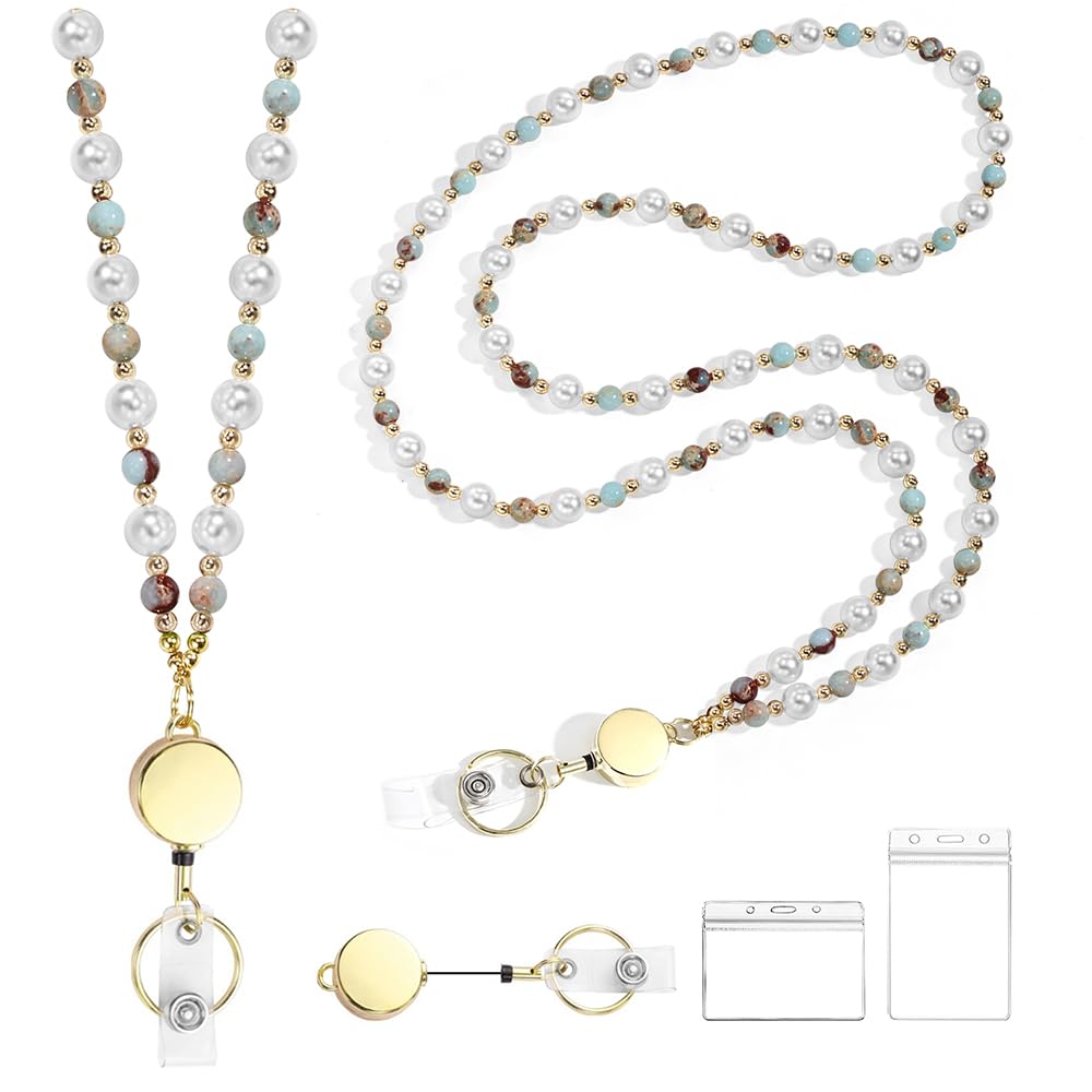 Retractable Pearl ID Badges and Key Lanyards, Natural Crystal Handmade Beaded Teacher Women's Lanyards