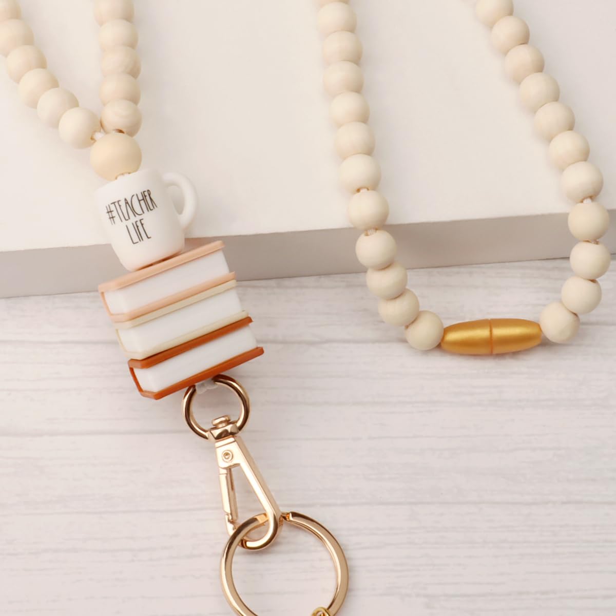 Teacher Lanyard with ID Holder, Fashion Wood Beaded Lanyard for Keys, Super Cute Boho Breakaway Lanyard for Women