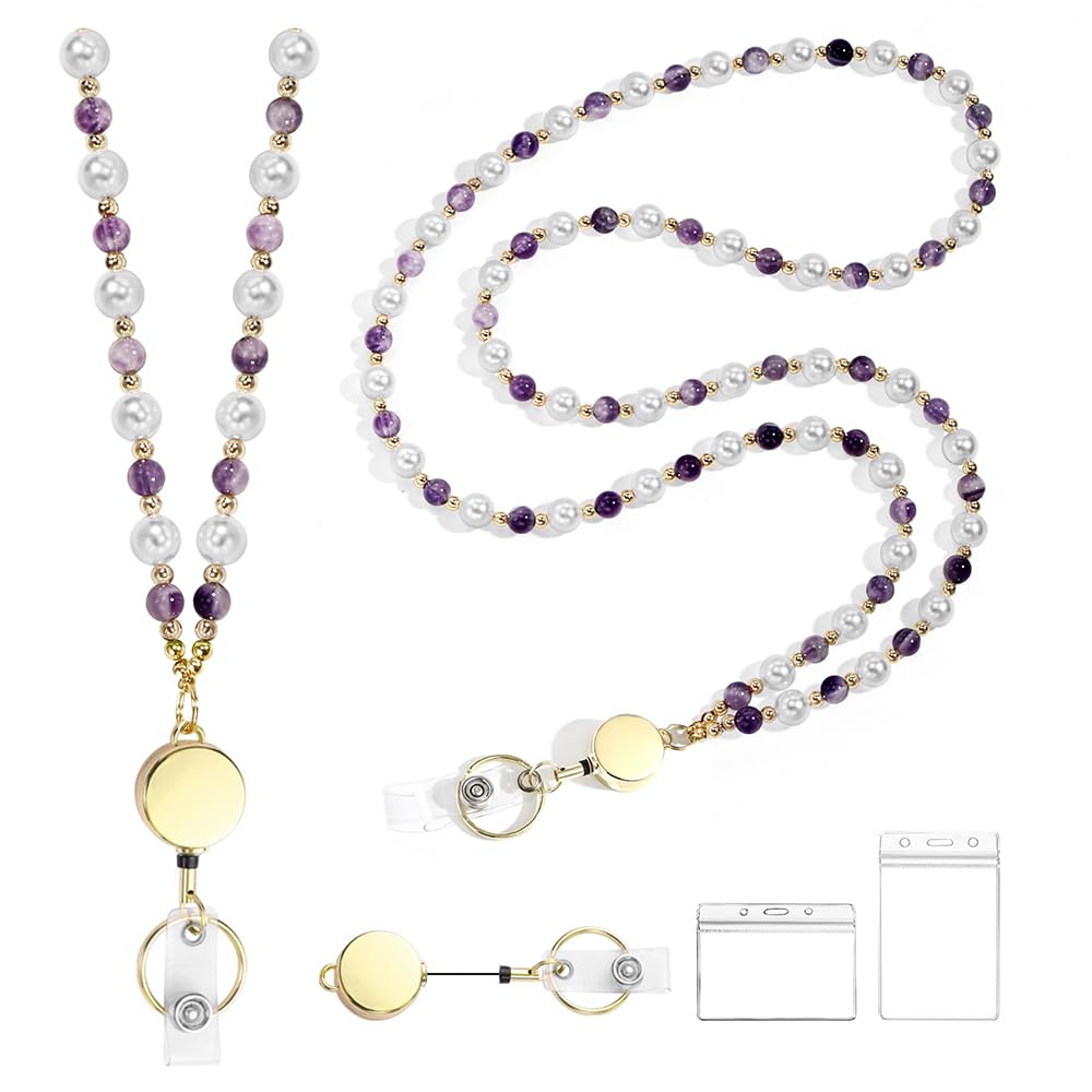 Retractable Pearl ID Badges and Key Lanyards, Natural Crystal Handmade Beaded Teacher Women's Lanyards
