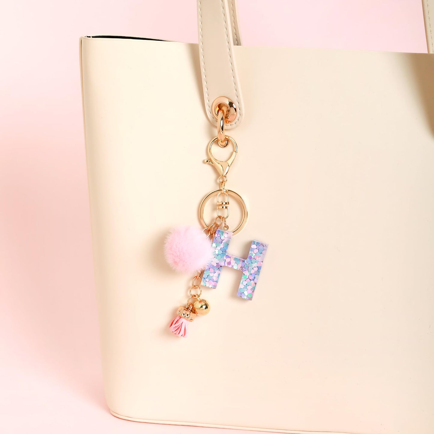 Resin Alphabet Initial Letter Keychain Keyring for Women Purse Handbags With Fur Ball Pom