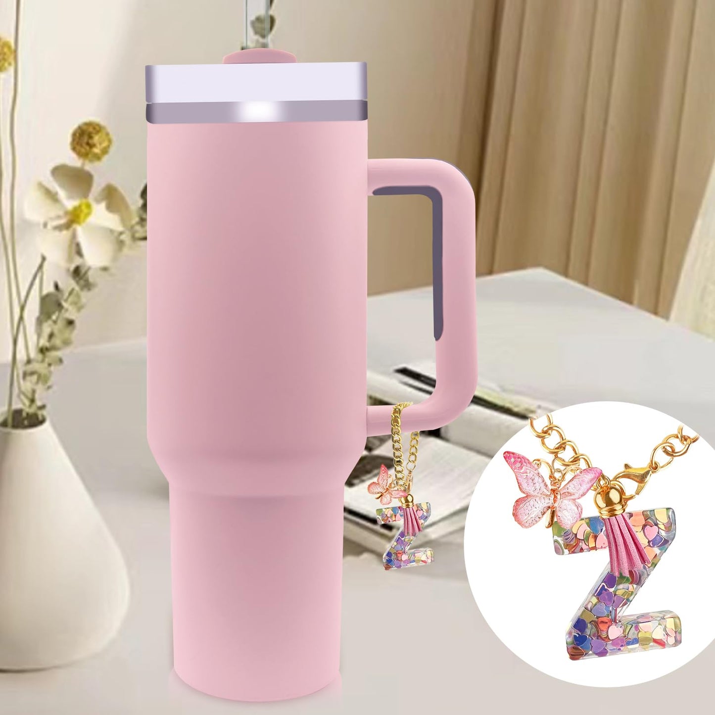 Letter Charm Accessories for Stanley Cup with Handle, Cute Initial Letter A Keychain Handle Charm with Butterfly for Stanley Tumbler for Women Girls