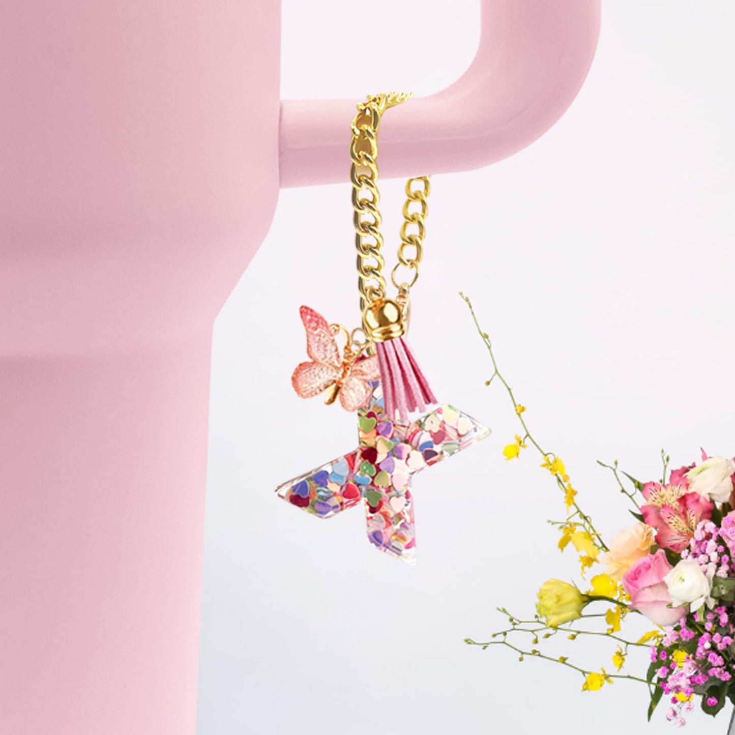 Letter Charm Accessories for Stanley Cup with Handle, Cute Initial Letter A Keychain Handle Charm with Butterfly for Stanley Tumbler for Women Girls