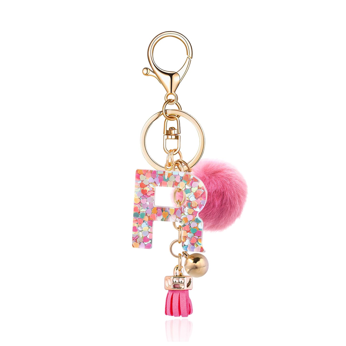 Resin Alphabet Initial Letter Keychain Keyring for Women Purse Handbags With Fur Ball Pom