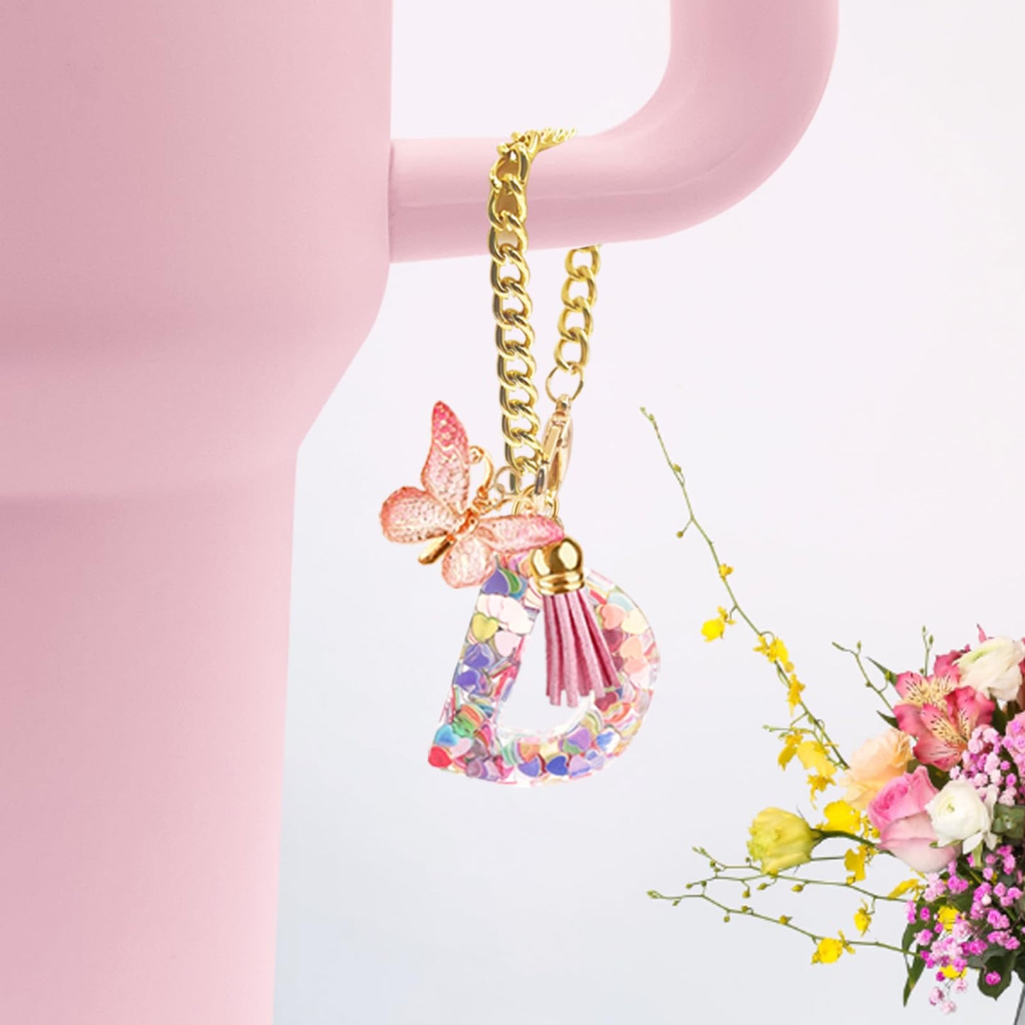 Letter Charm Accessories for Stanley Cup with Handle, Cute Initial Letter A Keychain Handle Charm with Butterfly for Stanley Tumbler for Women Girls