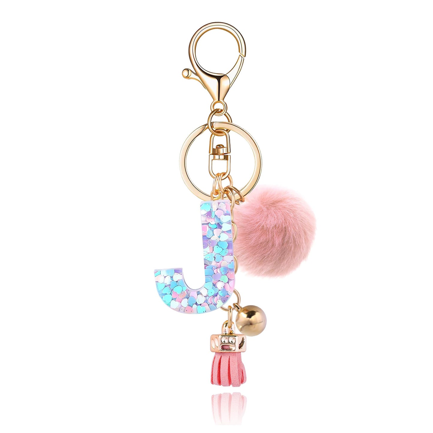 Resin Alphabet Initial Letter Keychain Keyring for Women Purse Handbags With Fur Ball Pom