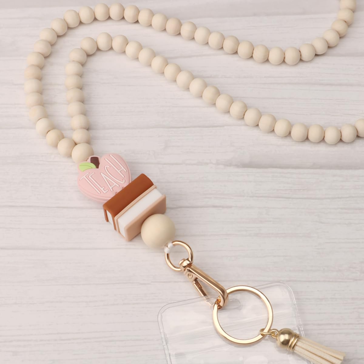 Teacher Lanyard with ID Holder, Fashion Wood Beaded Lanyard for Keys, Super Cute Boho Breakaway Lanyard for Women