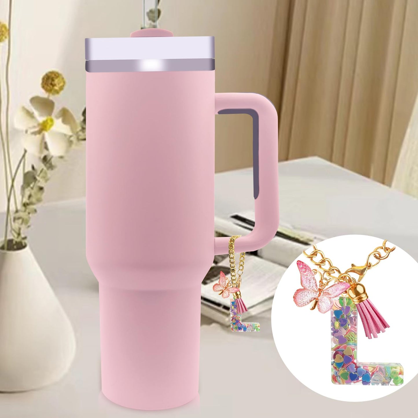 Letter Charm Accessories for Stanley Cup with Handle, Cute Initial Letter A Keychain Handle Charm with Butterfly for Stanley Tumbler for Women Girls