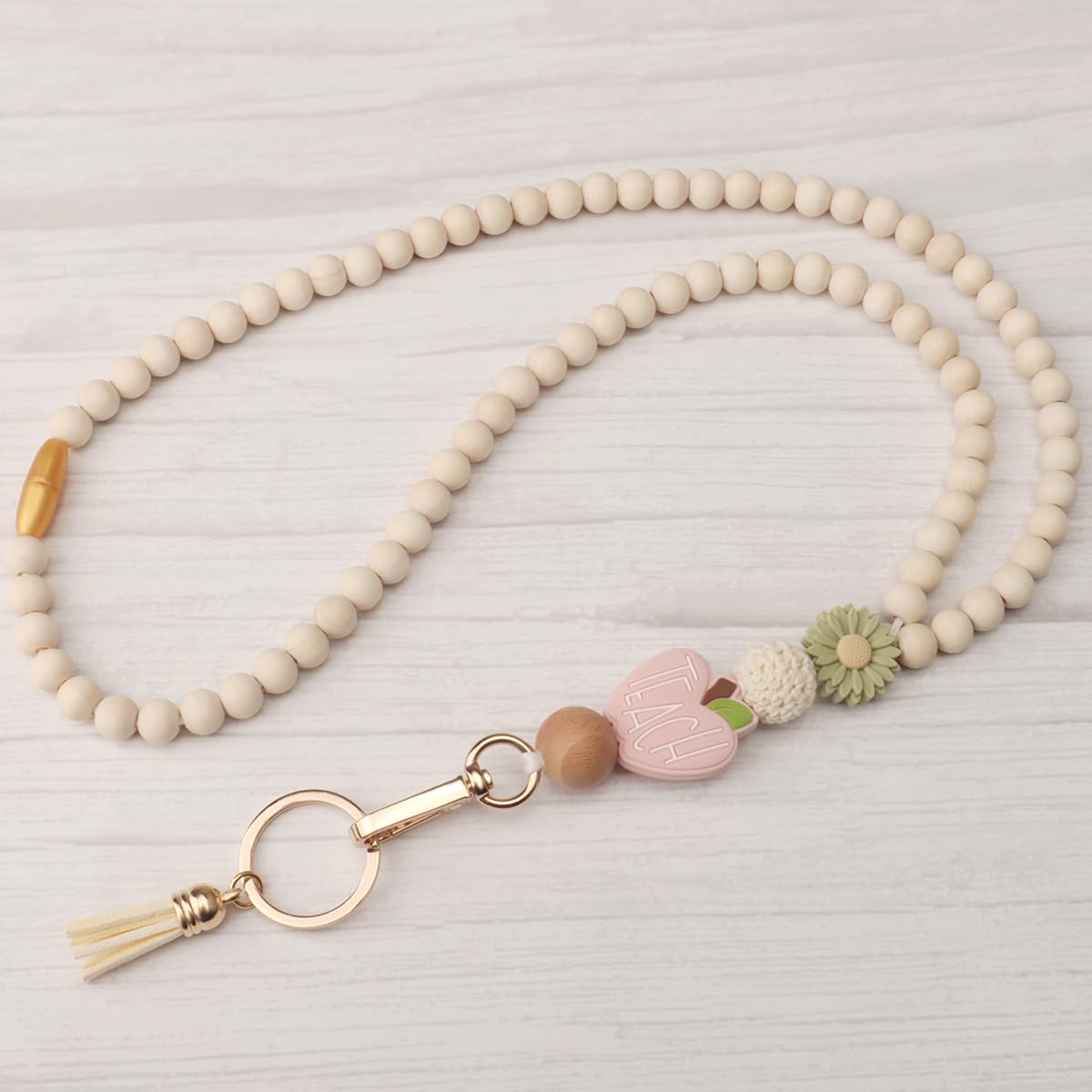 Teacher Lanyard with ID Holder, Fashion Wood Beaded Lanyard for Keys, Super Cute Boho Breakaway Lanyard for Women