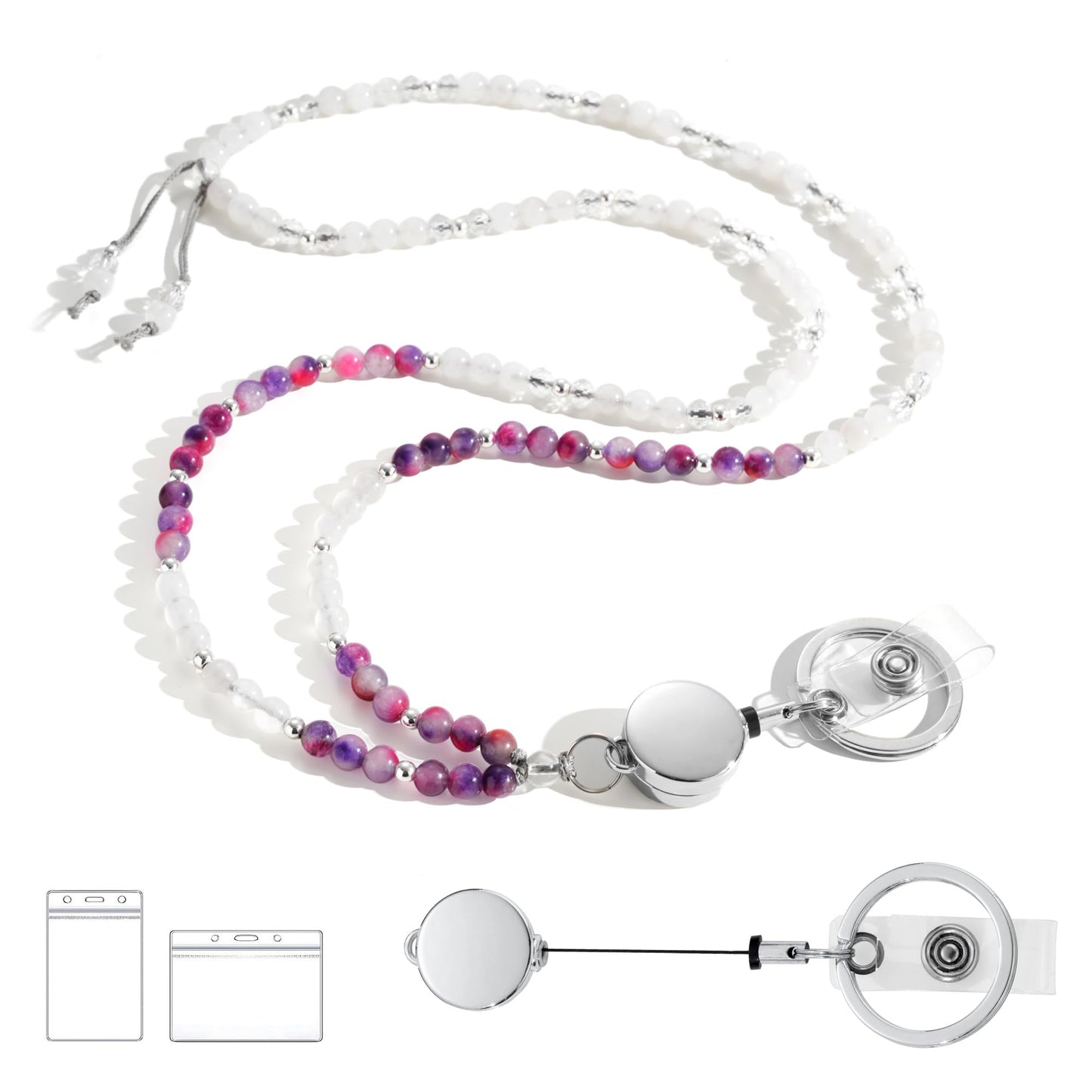 Retractable Lanyards for ID Badges and Keys, Beaded Lanyards for Women Natural Stone, Teacher Lanyard High-Performance Cute Lanyard Morganite