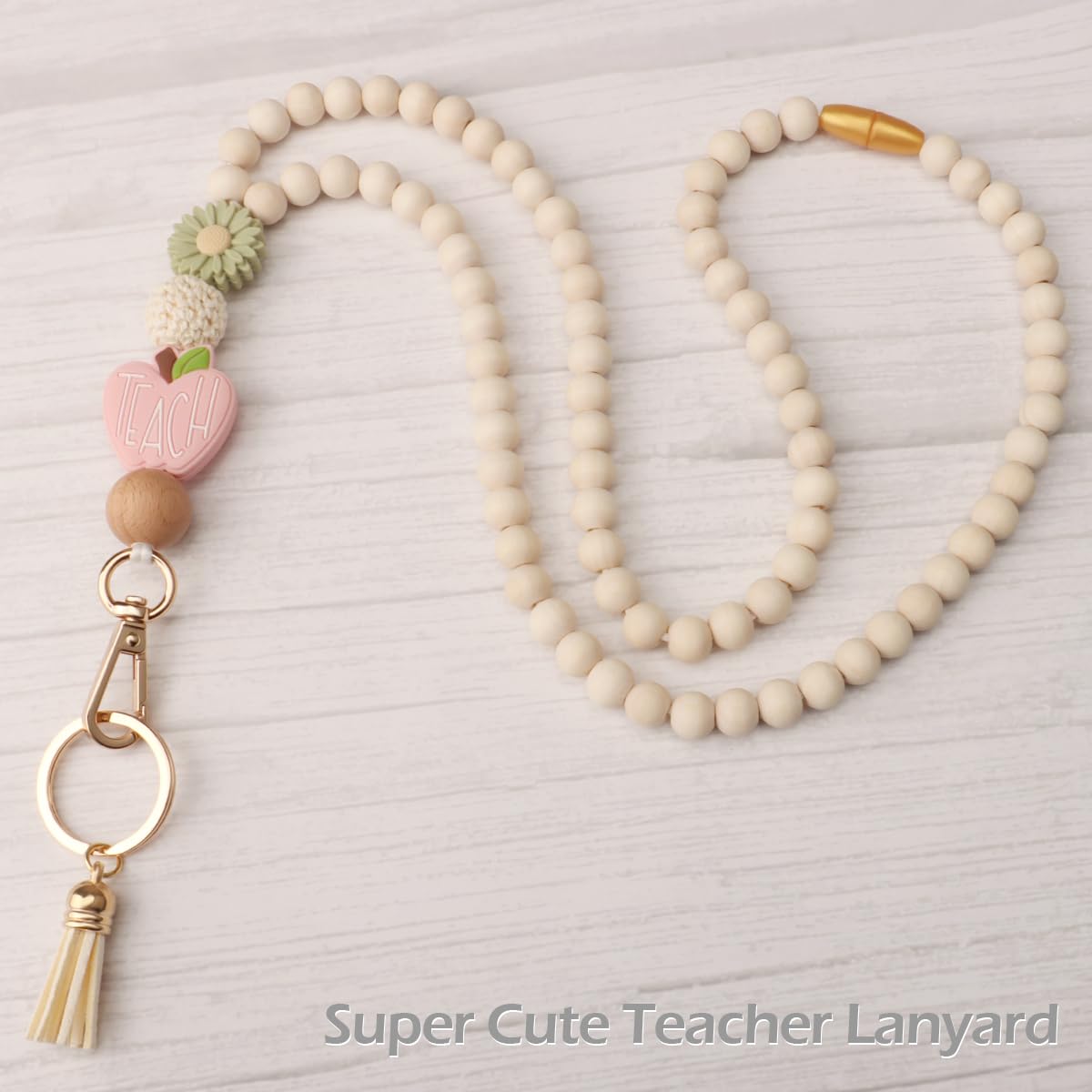 Teacher Lanyard with ID Holder, Fashion Wood Beaded Lanyard for Keys, Super Cute Boho Breakaway Lanyard for Women