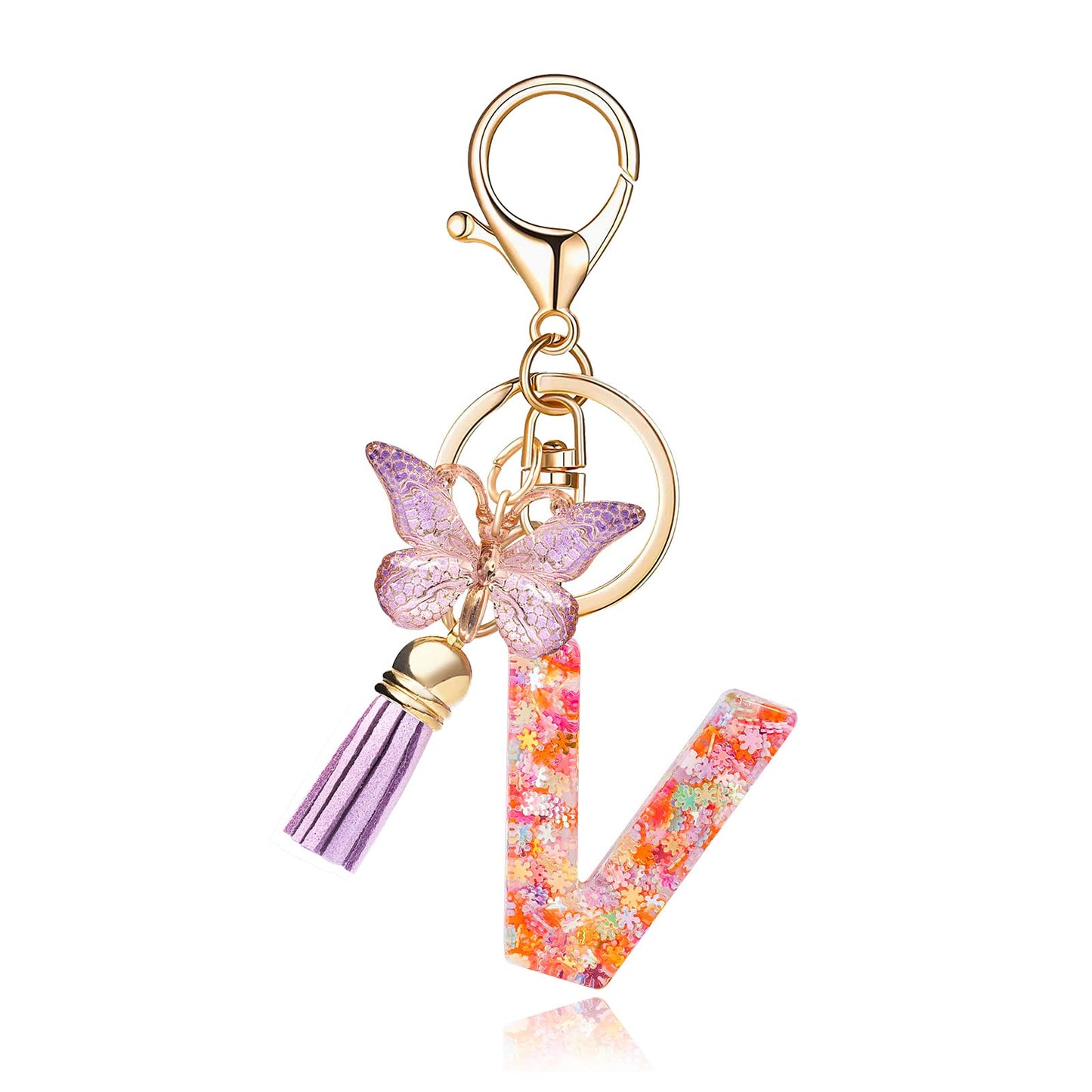 Fashion Alphabet Initial Letter Keychain Tassel Butterfly Pendant Key Ring for Purse Handbags Women Girl