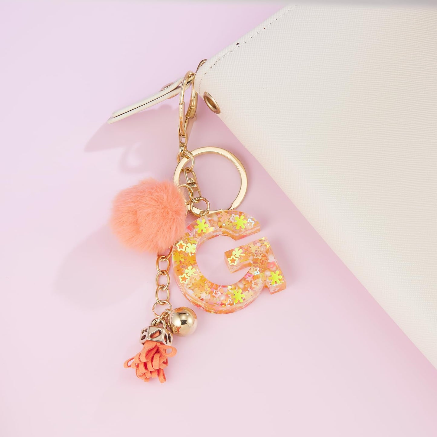 Resin Alphabet Initial Letter Keychain Keyring for Women Purse Handbags With Fur Ball Pom