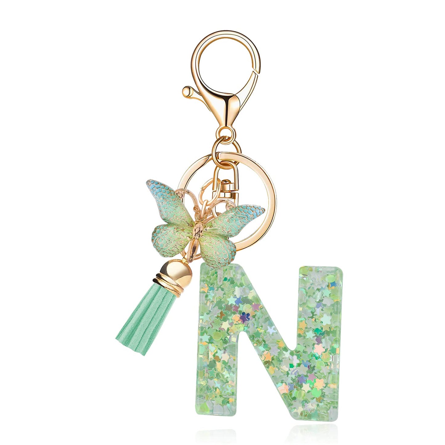 Fashion Alphabet Initial Letter Keychain Tassel Butterfly Pendant Key Ring for Purse Handbags Women Girl