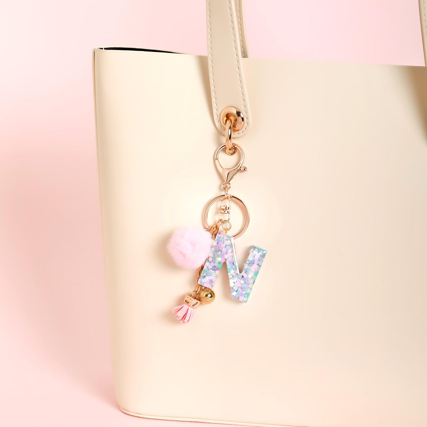 Resin Alphabet Initial Letter Keychain Keyring for Women Purse Handbags With Fur Ball Pom