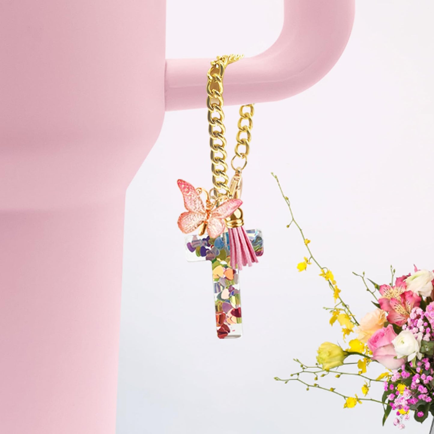 Letter Charm Accessories for Stanley Cup with Handle, Cute Initial Letter A Keychain Handle Charm with Butterfly for Stanley Tumbler for Women Girls