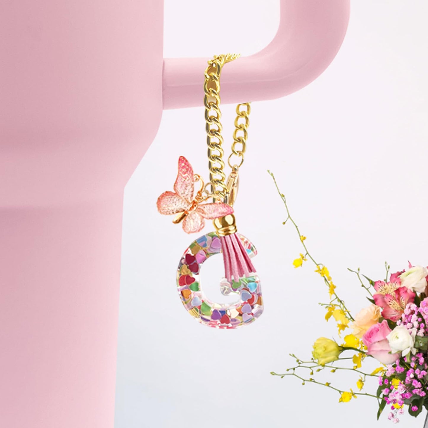 Letter Charm Accessories for Stanley Cup with Handle, Cute Initial Letter A Keychain Handle Charm with Butterfly for Stanley Tumbler for Women Girls