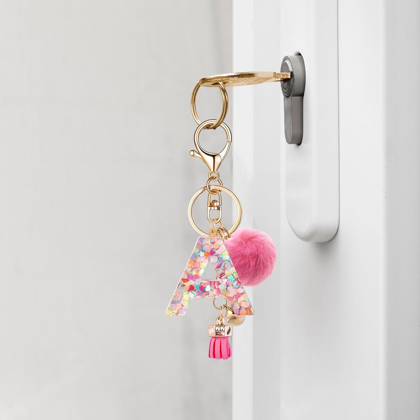 Resin Alphabet Initial Letter Keychain Keyring for Women Purse Handbags With Fur Ball Pom