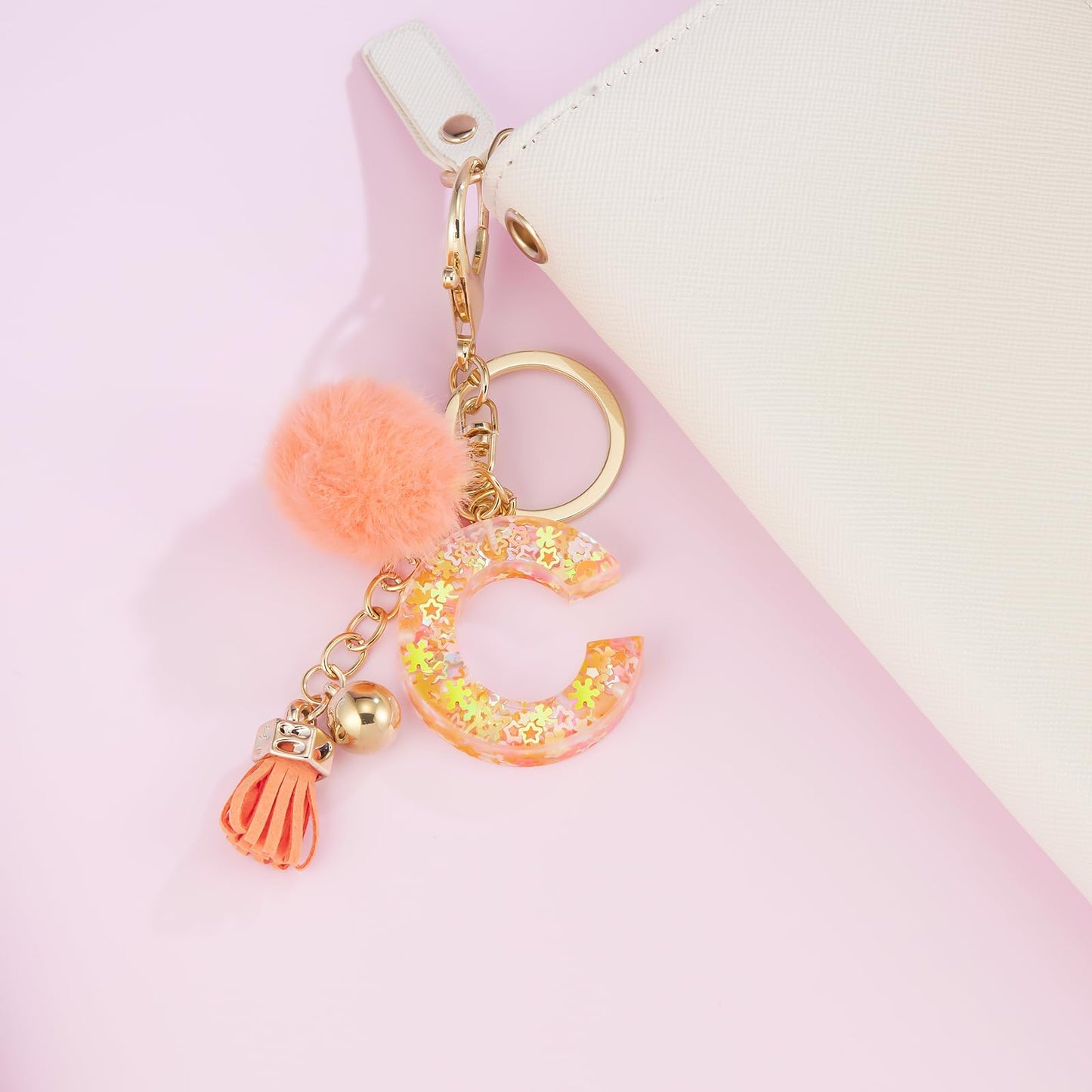Resin Alphabet Initial Letter Keychain Keyring for Women Purse Handbags With Fur Ball Pom
