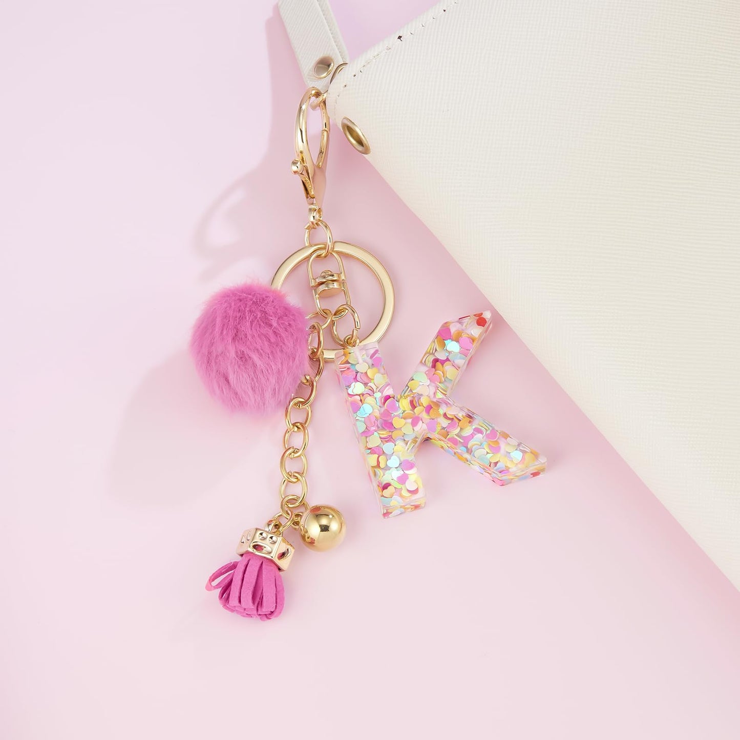 Resin Alphabet Initial Letter Keychain Keyring for Women Purse Handbags With Fur Ball Pom