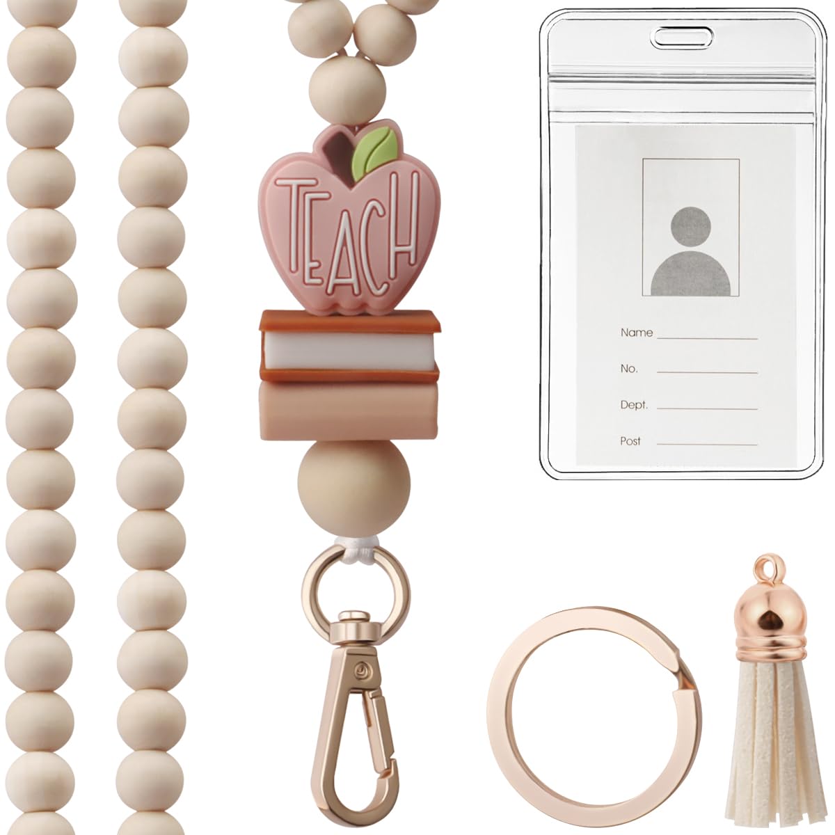 Teacher Lanyard with ID Holder, Fashion Wood Beaded Lanyard for Keys, Super Cute Boho Breakaway Lanyard for Women