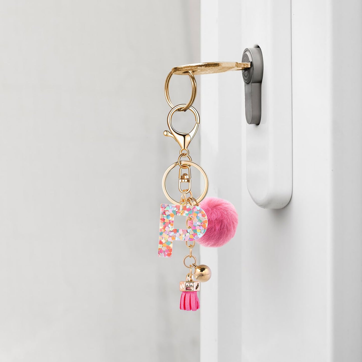 Resin Alphabet Initial Letter Keychain Keyring for Women Purse Handbags With Fur Ball Pom