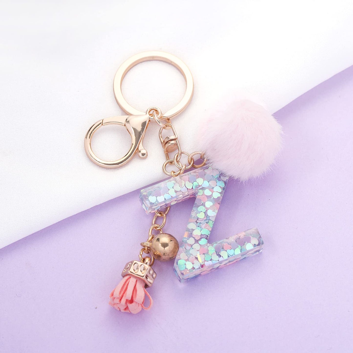 Resin Alphabet Initial Letter Keychain Keyring for Women Purse Handbags With Fur Ball Pom
