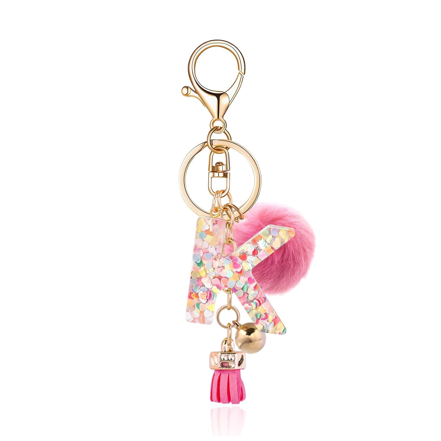 Resin Alphabet Initial Letter Keychain Keyring for Women Purse Handbags With Fur Ball Pom