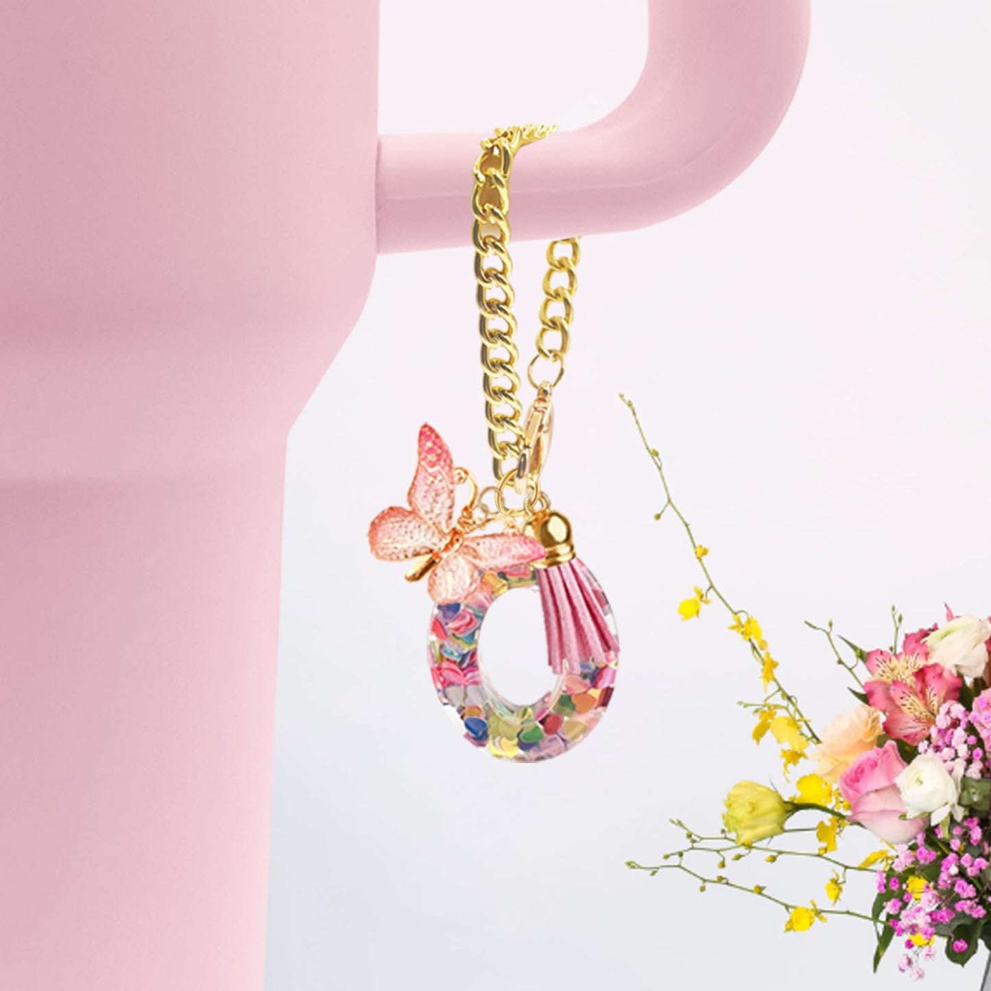 Letter Charm Accessories for Stanley Cup with Handle, Cute Initial Letter A Keychain Handle Charm with Butterfly for Stanley Tumbler for Women Girls