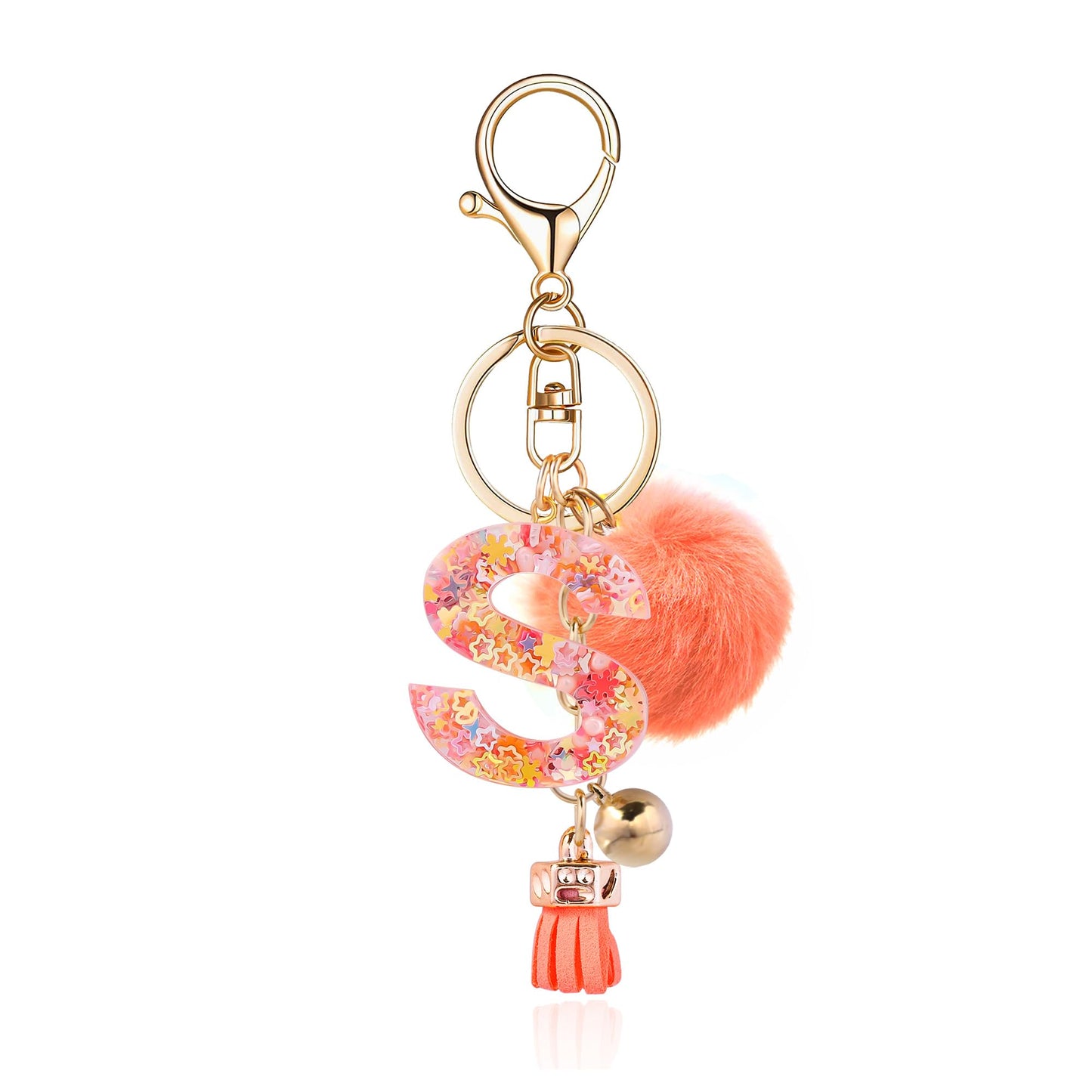 Resin Alphabet Initial Letter Keychain Keyring for Women Purse Handbags With Fur Ball Pom