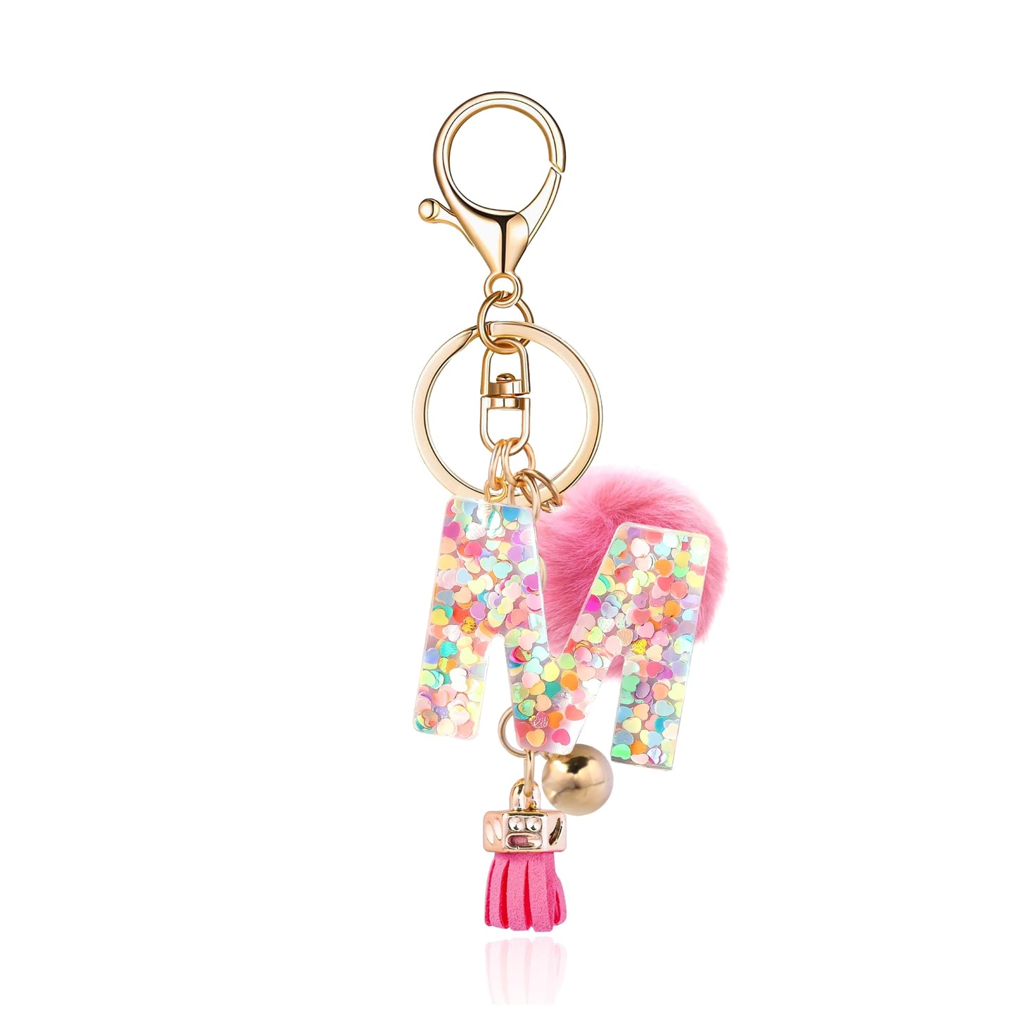 Resin Alphabet Initial Letter Keychain Keyring for Women Purse Handbags With Fur Ball Pom